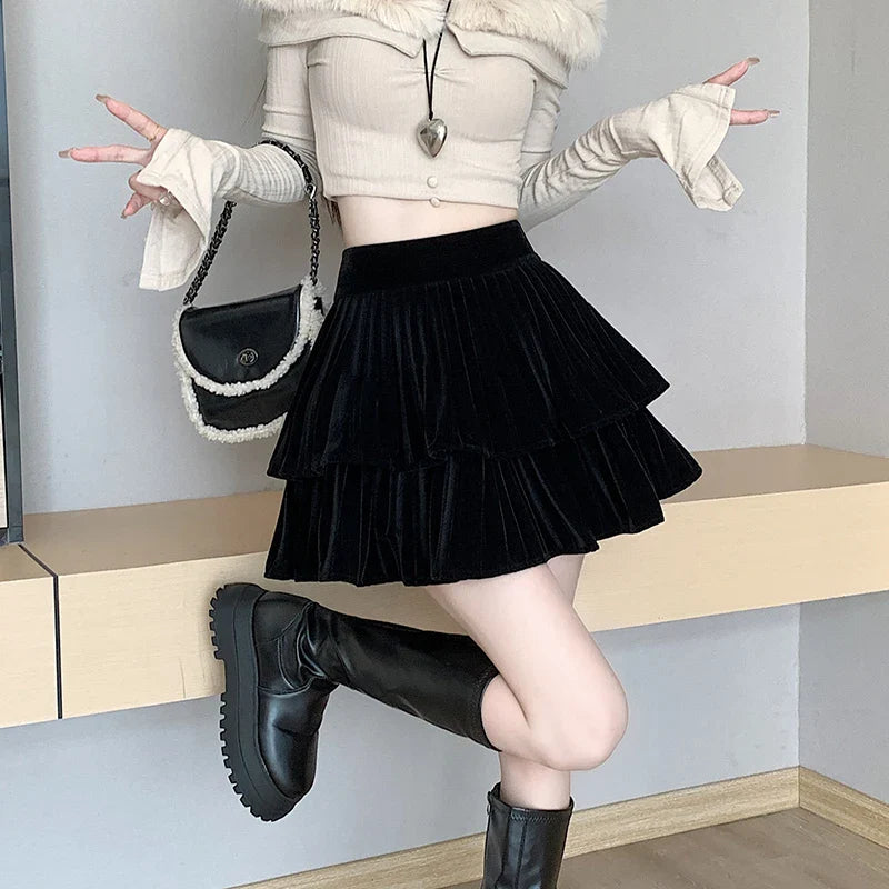 FashionSierra - 2024 New Autumn Winter Velvet Tutu Women Fashion High Waist Mini Pleated Woman Short Skirt