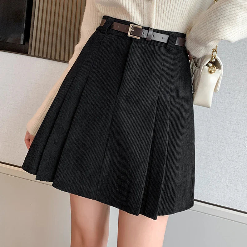 FashionSierra - A-line High Waist Mini Women 2024 New Fashion Autumn Winter Corduroy Short Woman Casual Black Skirt