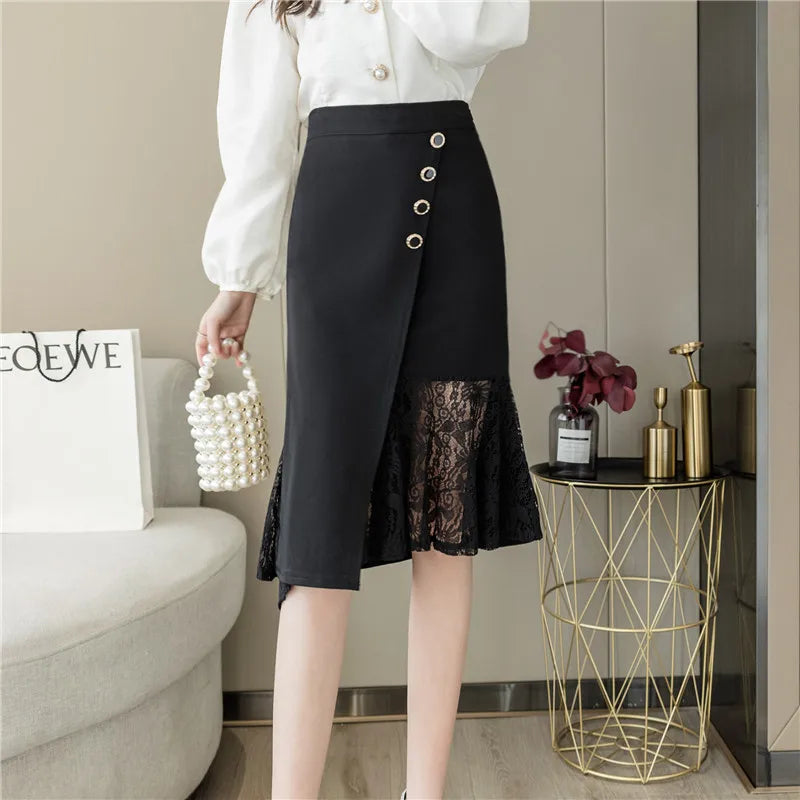 FashionSierra - 2024 New Irregular Lace Patchwork Package Hip Womens Elegant High Waist Midi Spring Summer Office Lady Skirt