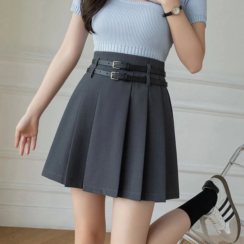 FashionSierra - 2024 New Spring Summer Fashion Pleated Mini Women Belt High Waist A-line Suit Ladies Casual Short Skirt