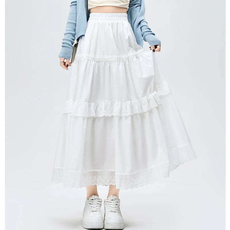 French Style Lace Stitching White Long Women Spring Summer New Fashion High Waist A-line Pleated Woman Casual Skirt