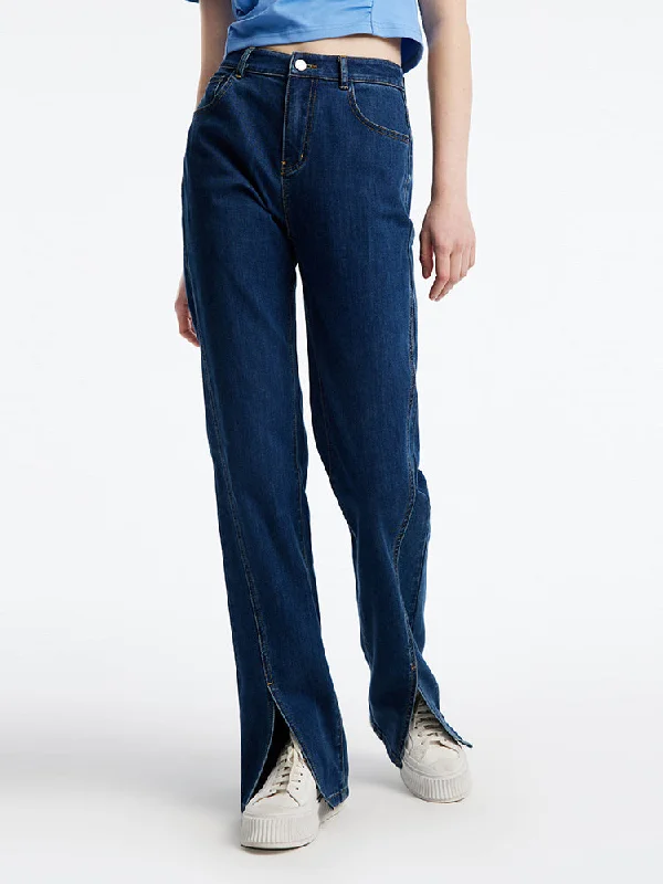 Slant Slit Denim Straight Leg Full Length Jeans