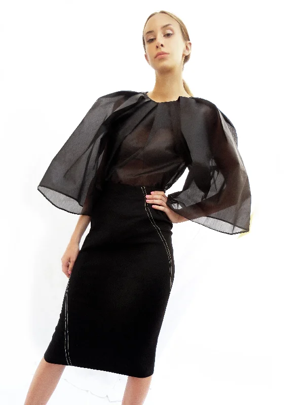 Angular Pleated Transparent Top/ Black/ 100% Silk