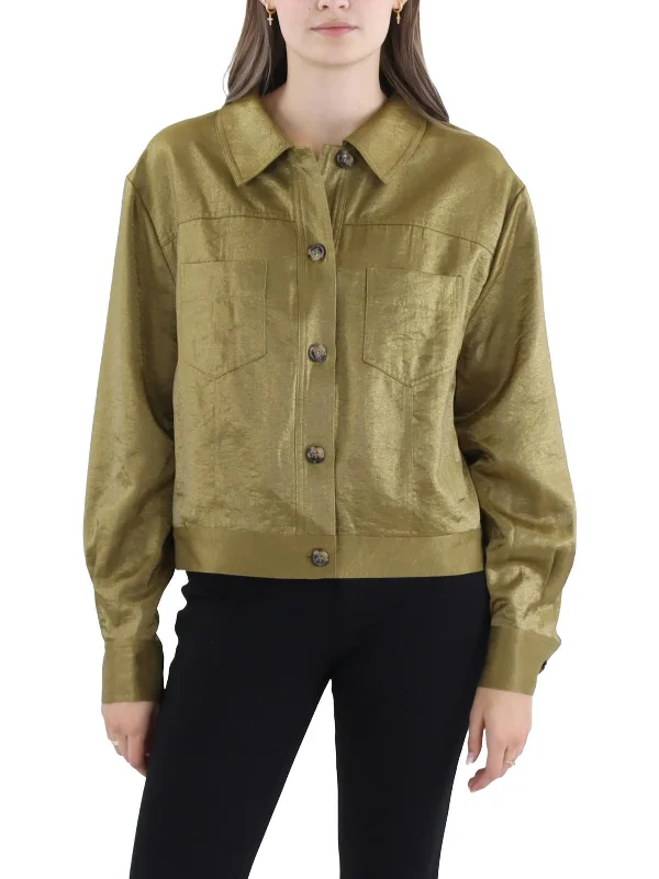 Womens Shimmer Button-Down Utility Jacket