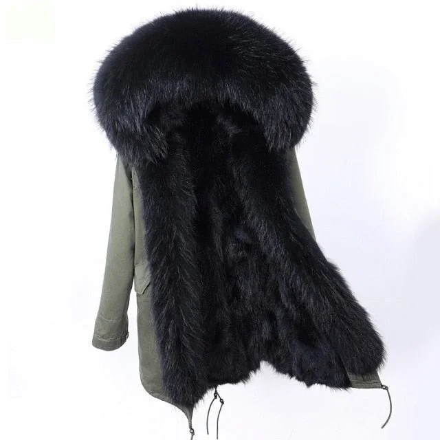 Army Green Natural Raccoon Fur Collar and Hood Winter Jacket for Women