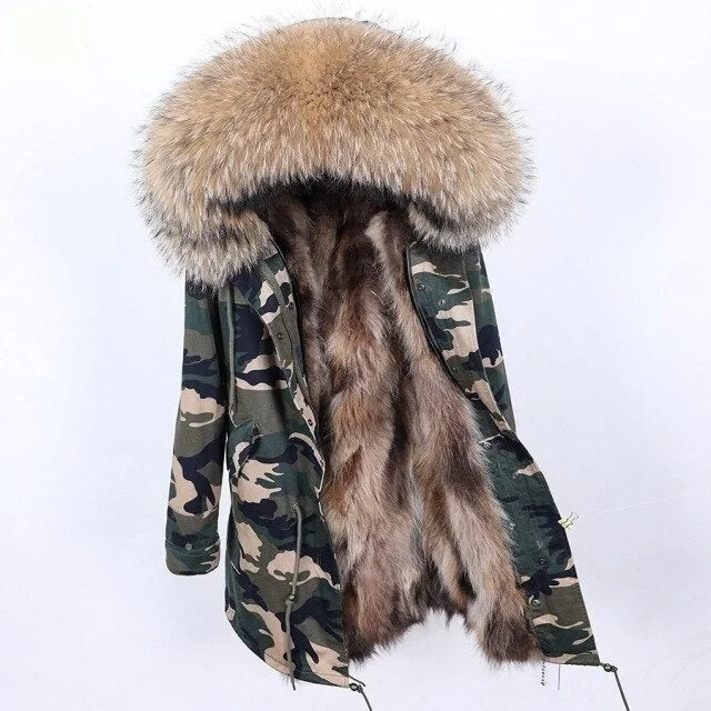 Camo Pattern Long Winter Jacket for Women with Natural Raccoon Fur Hood