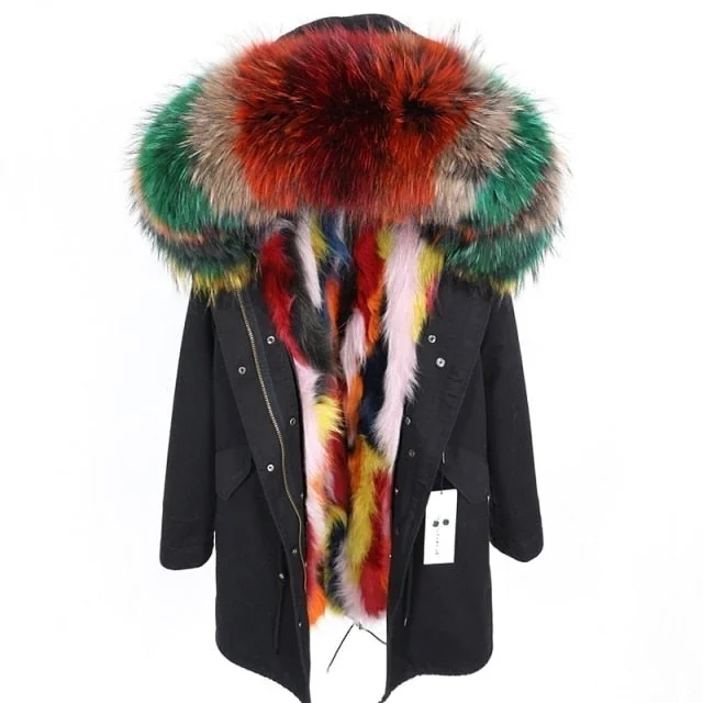 Long Winter Jacket for Women with Multicolor Natural Raccoon Fur Hood