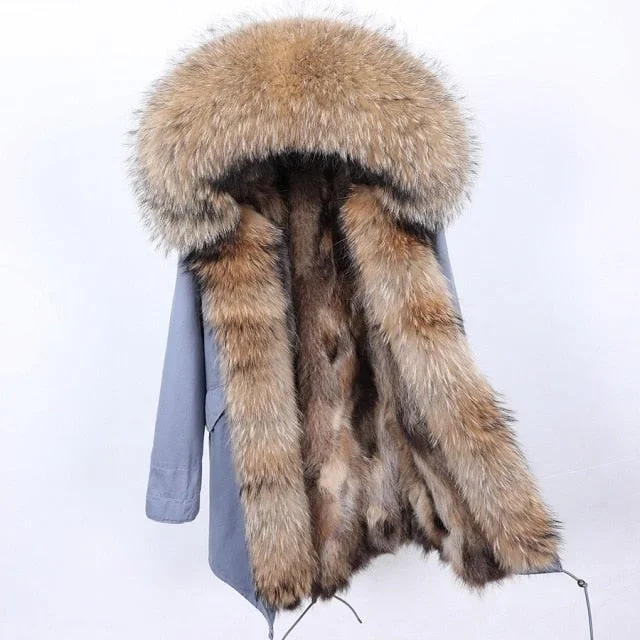 Natural Raccoon Fur Collar Full Sleeved Long Winter Jacket for Women