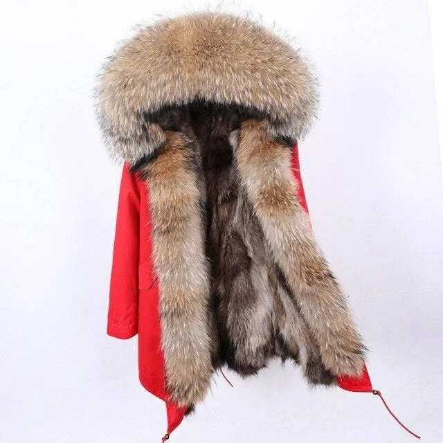 Natural Raccoon Fur Collar Hooded Long Winter Jacket for Women