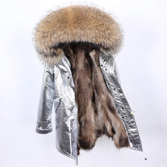 Silver Color Long Winter Jacket for Women with Natural Raccoon Fur Hood