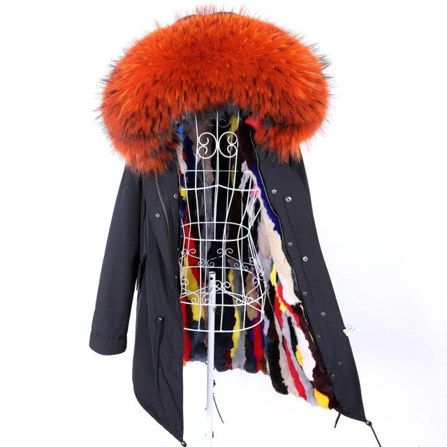 Winter Outerwear Women's Hooded Jacket with Removable Rabbit Fur Lining