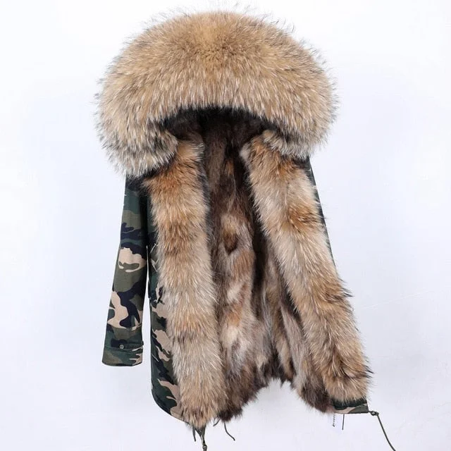 Women's High Street Style Natural Raccoon Fur Collar Long Winter Jacket