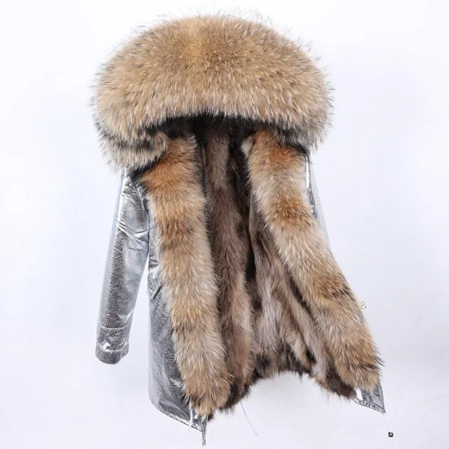 Women's High Street Style Natural Raccoon Fur Collar Thick Warm Winter Jacket