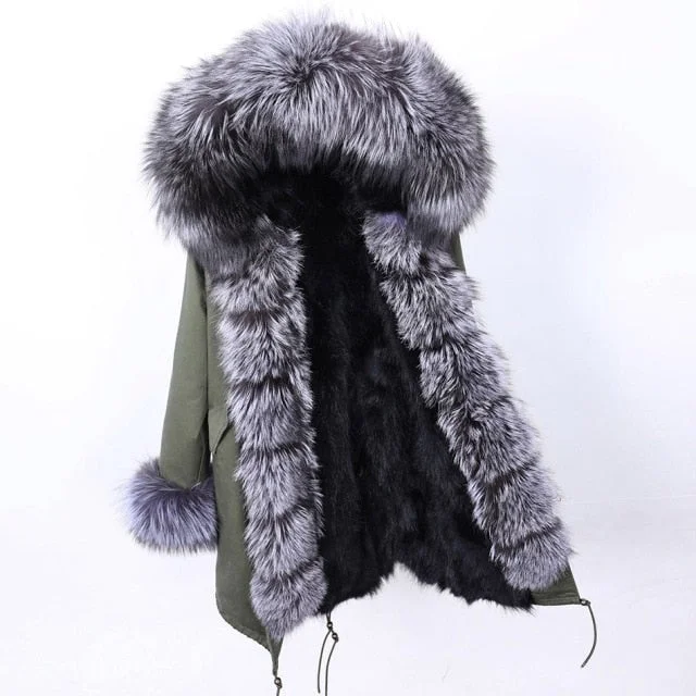 Women's Long Warm Full Sleeved Winter Jacket with Real Raccoon Fur Collar