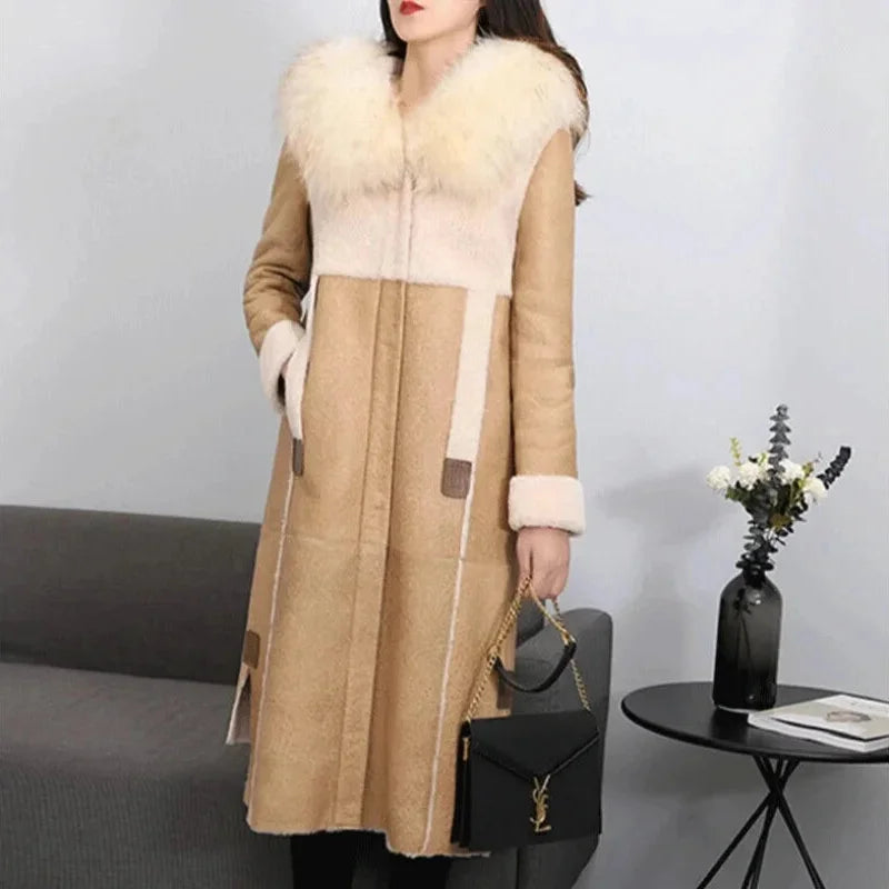 Women's Luxury Genuine Leather Raccoon Fur Hooded Double-Faced Fur Coat