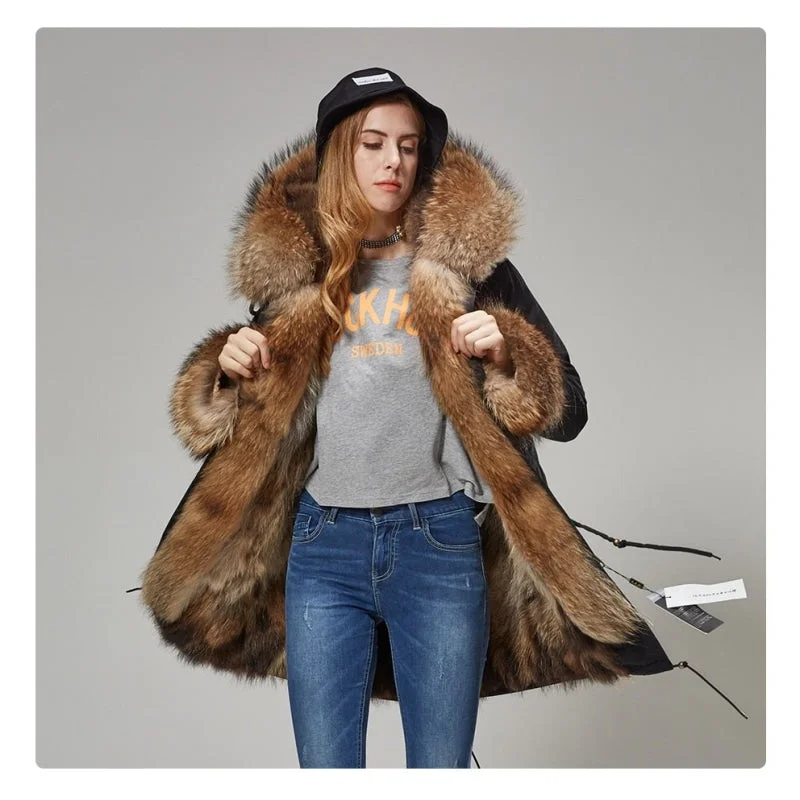 Women's Natural Raccoon Fur Collar and Sleeves Long Winter Jacket