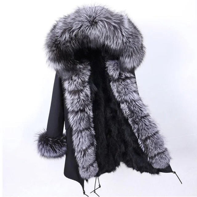 Women's Natural Raccoon Fur Collar Thick Warm Long Winter Jacket