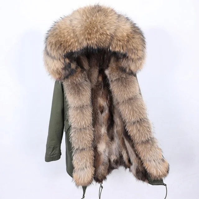 Women's Stylish Hooded Winter Jacket with Natural Raccoon Fur Collar