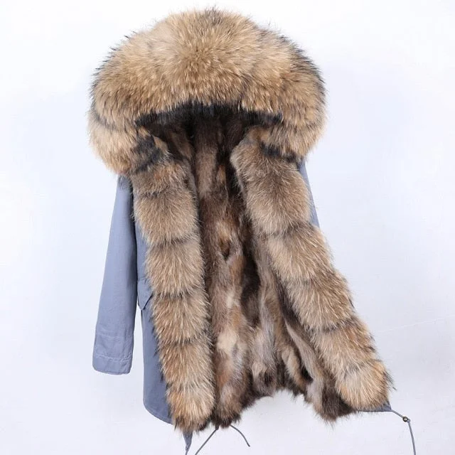 Women's Stylish Thick Warm Jacket with Natural Raccoon Fur Collar for Winter