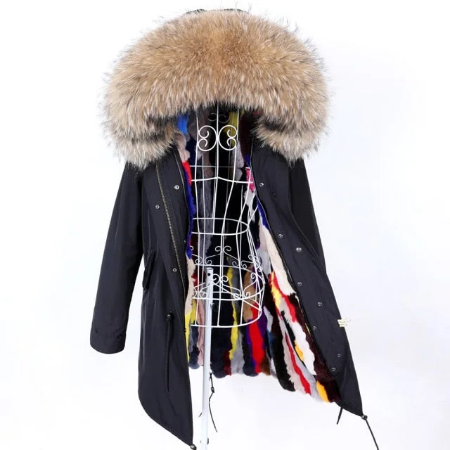 Women's Winter Hooded Long Sleeve Jacket with Soft Removable Rabbit Fur Lining