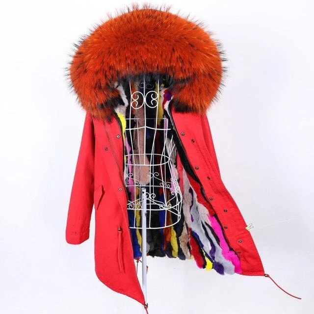 Women's Winter Style Big Fur Collared Jacket with Removable Rabbit Fur Lining