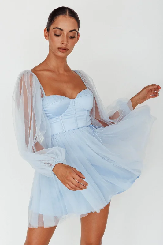 Fairytale Dream Sheer Sleeve Mini Dress Blue