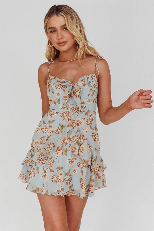 Flower Child Bust Tie Ruffle Trim Dress Roses Blue