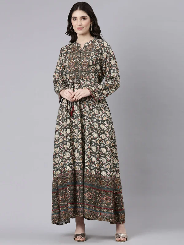 Neeru's Olive Straight Casual Printed Maxi Dresses