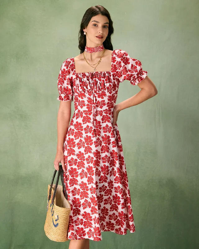 The Red Square Neck Floral Ruched Midi Dress