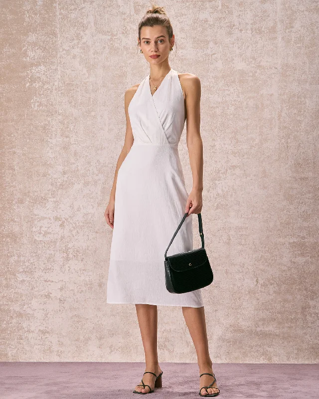 The White Halter Ruched Wrap Satin Midi Dress