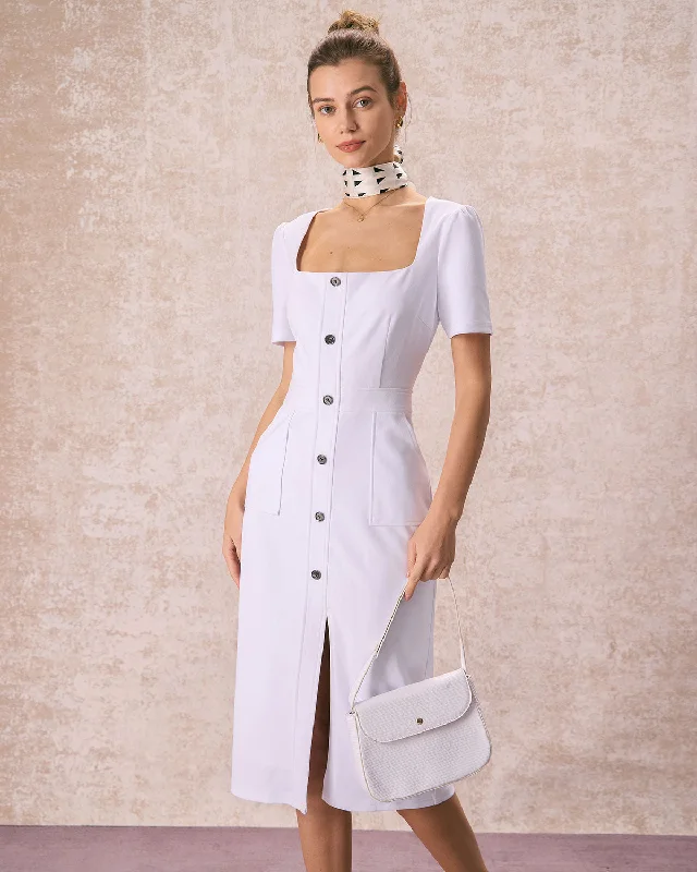 The White Square Neck Buttoned Midi Dress