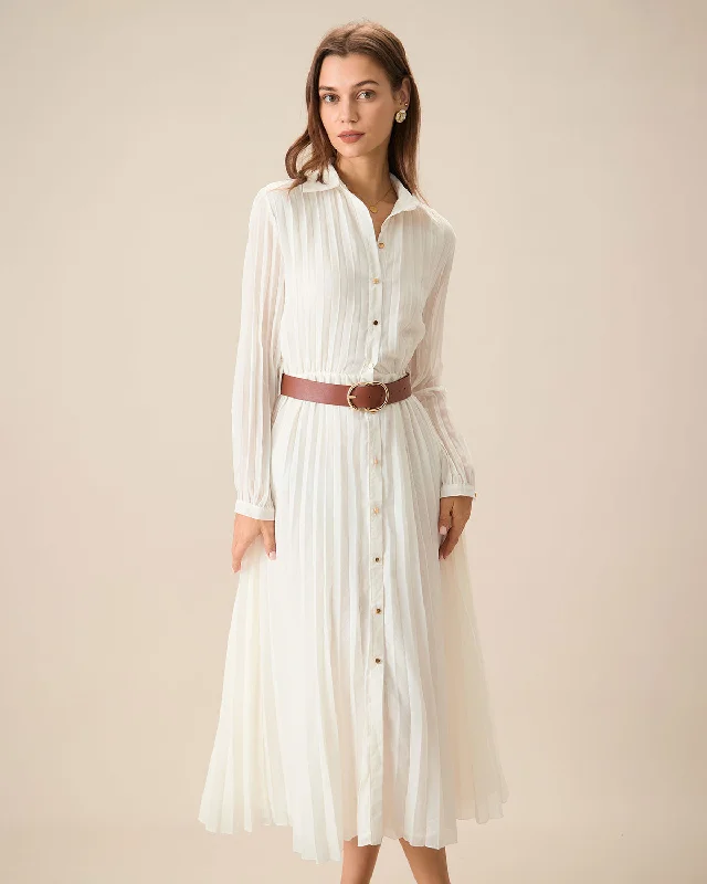 Women's White Chiffon Belted Midi Dress