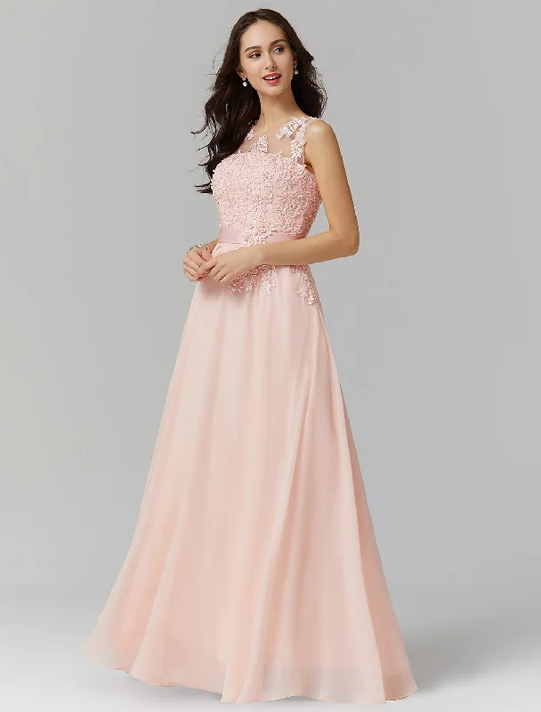 A-Line Bridesmaid Dress Jewel Neck Sleeveless Elegant Floor Length Chiffon / Lace with Appliques