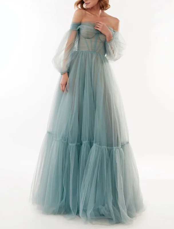 A-Line Elegant Sexy Wedding Guest Prom Dress Off Shoulder Long Sleeve Floor Length Tulle with Bow(s) Pleats