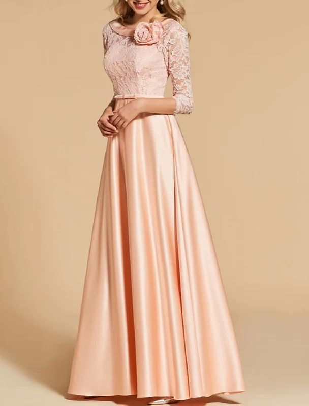 A-Line Evening Gown Open Back Dress Formal Wedding Guest Floor Length 3/4 Length Sleeve Jewel Neck Satin with Bow(s) Buttons Shouder Flower