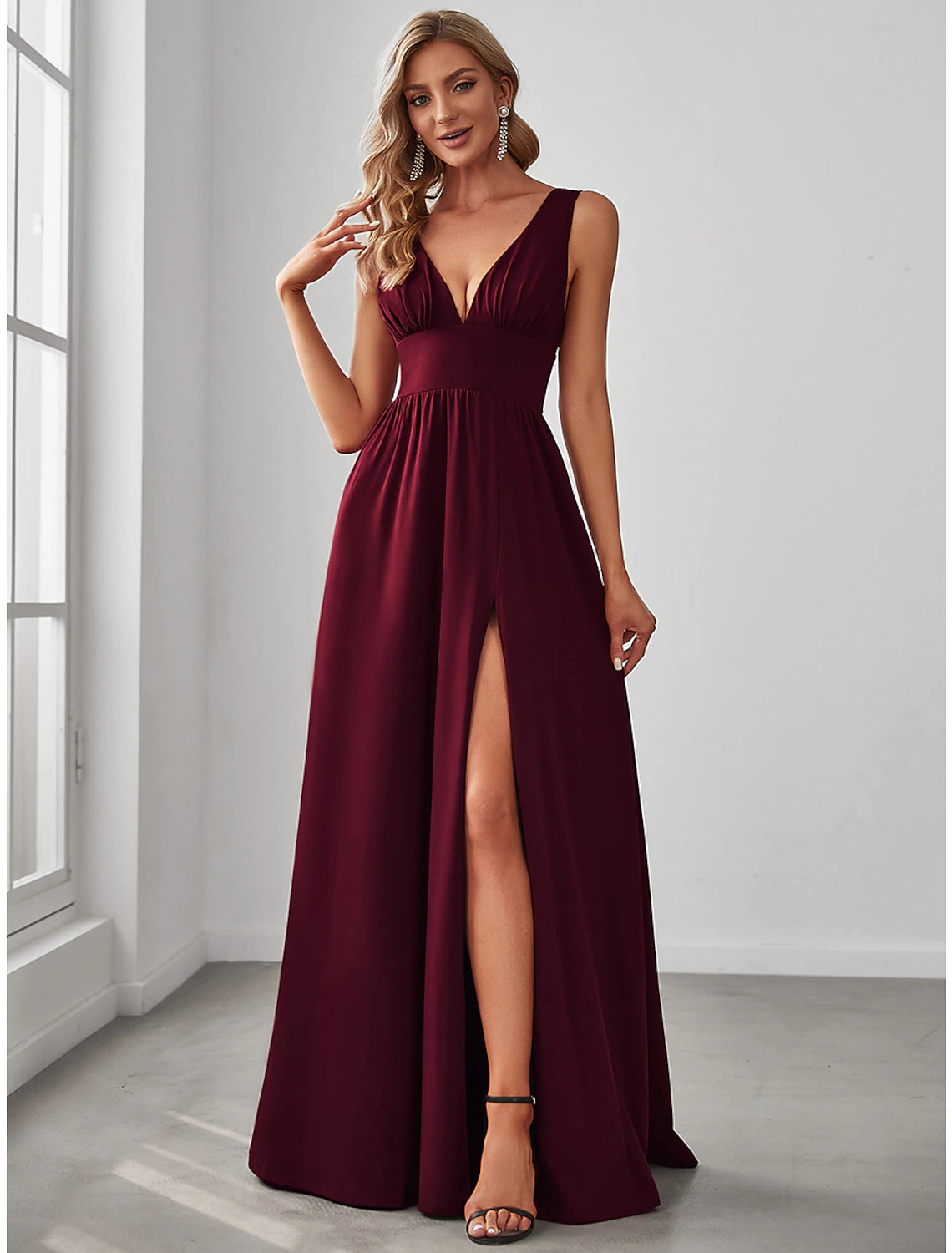 A-Line Prom Dresses High Split Dress Wedding Guest Floor Length Sleeveless V Neck Chiffon V Back with Slit Pure Color