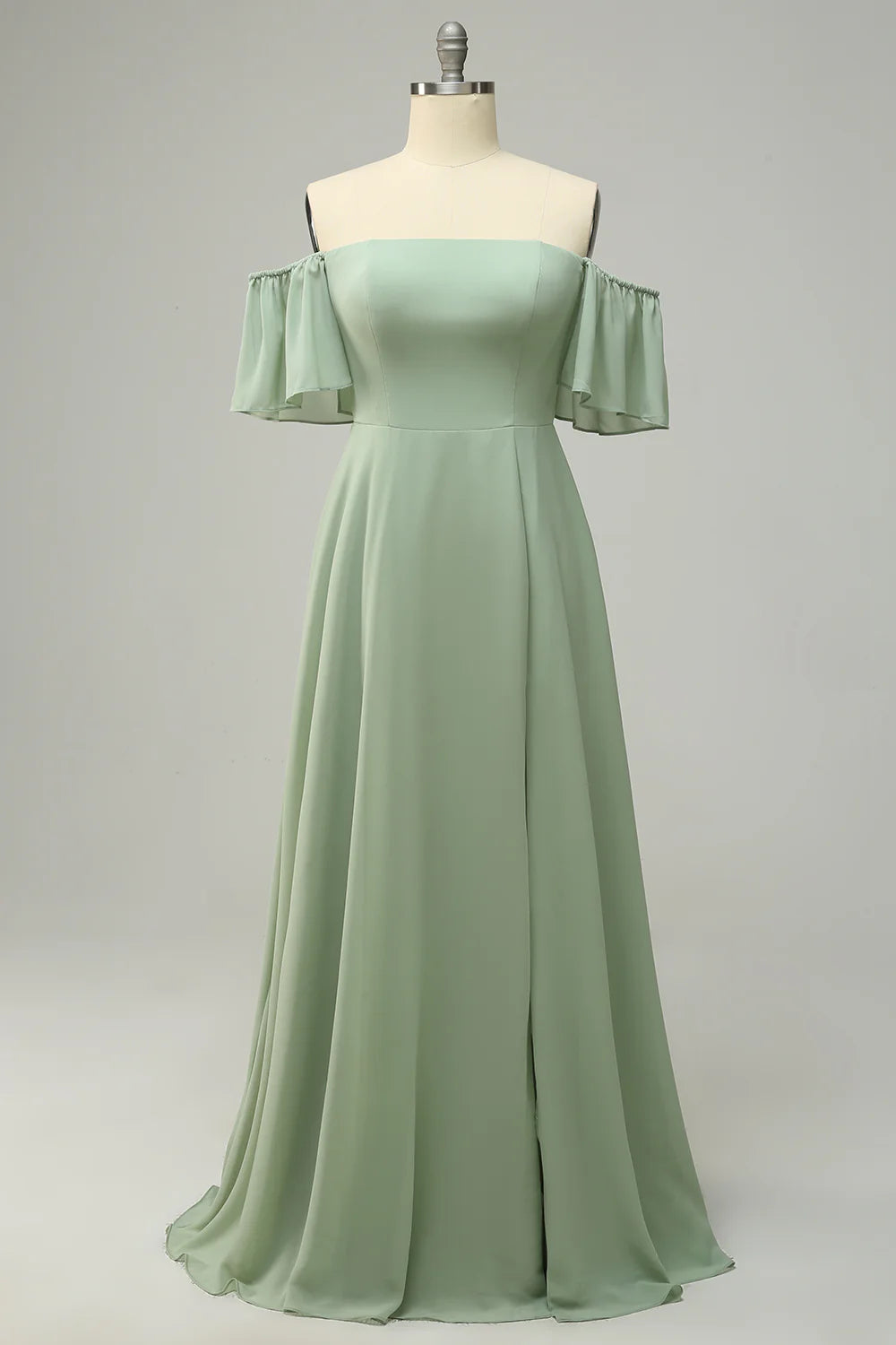 Amzcw A Line Off the Shoulder Green Long Bridesmaid Dress with Ruffles