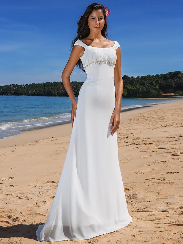 Casual Wedding Dresses Sweep  Cap Sleeve Scoop Neck Chiffon With Beading Draping