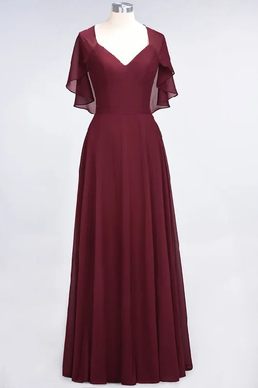 Elegant Princess Chiffon Satin V-Neck short-sleeves Floor-Length Bridesmaid Dress     S2904