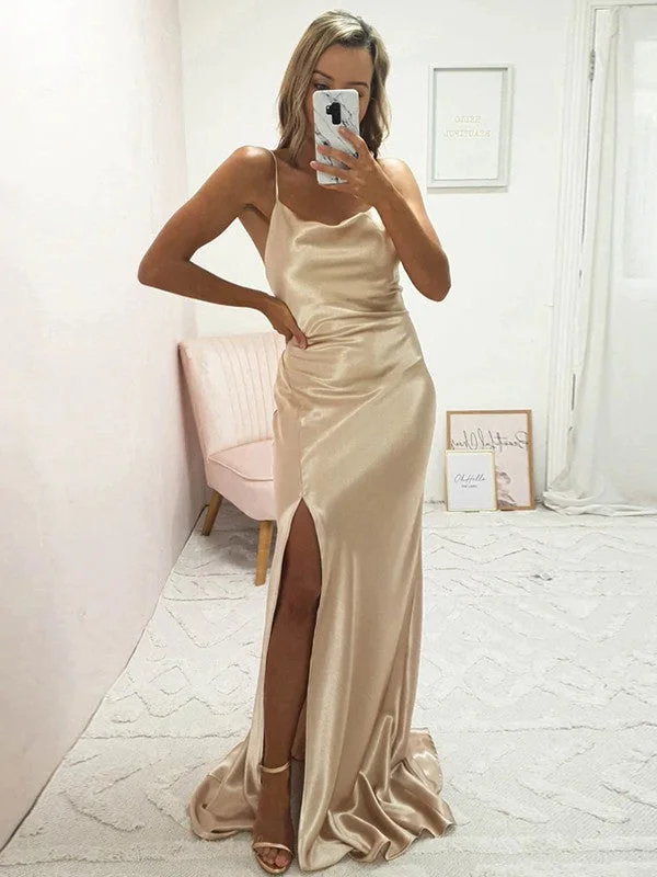 Sheath/Column Elastic Woven Satin Ruched Spaghetti Straps Sleeveless Sweep/Brush Train Bridesmaid Dresses