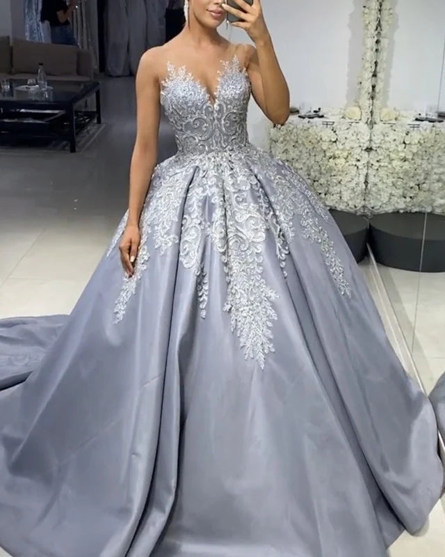 Silver Wedding Dress Satin Ball Gown Lace Embroidery A-Line Princess Prom Dresses