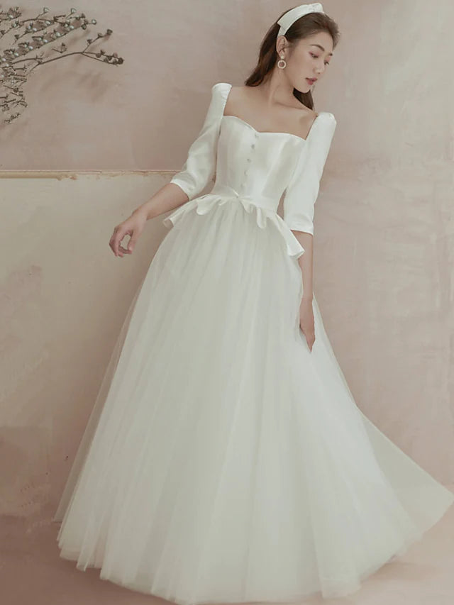 Wedding Dresses Floor Length A-Line  Length Sleeve Square Neck Satin With Pleats Ruffles