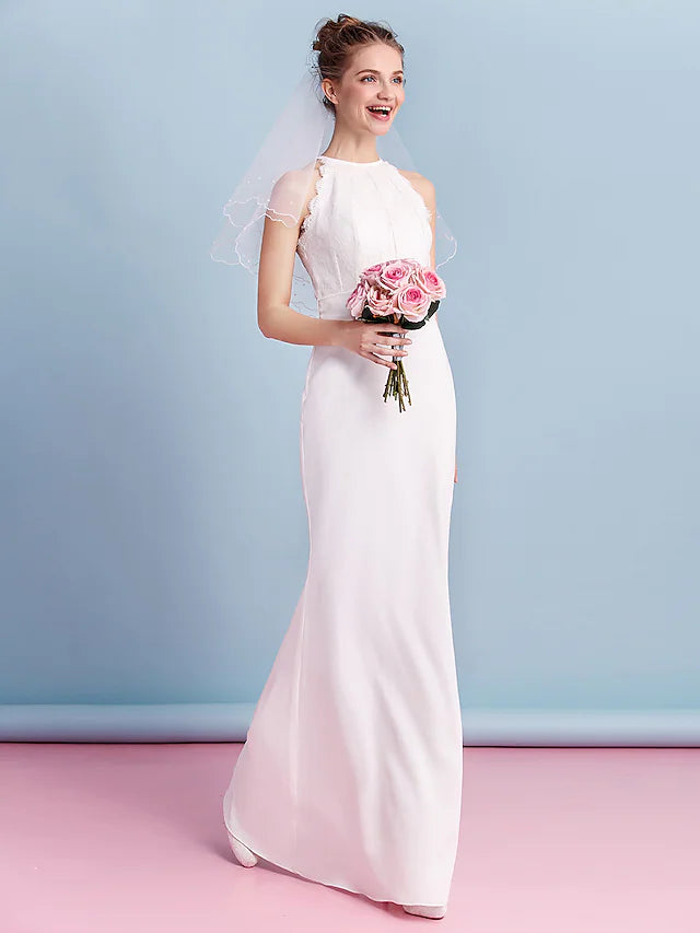 Wedding Dresses Floor Length  Sleeveless Halter Chiffon With Lace