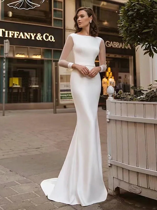 Wedding Dresses  Mermaid Trumpet Long Sleeve Jewel Neck Satin With Solid