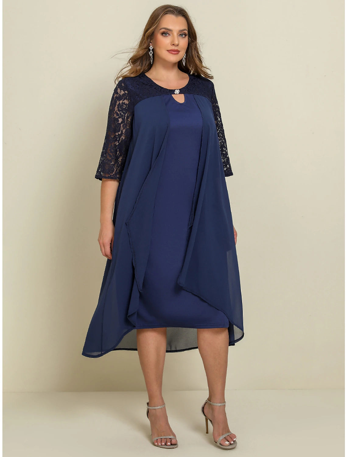 Women‘s Plus Size Curve Work Dress Chiffon Dress Swing Dress Long Dress Maxi Dress 3/4 Length Sleeve Lace Layered V Neck Outdoor Summer Spring Wedding Guest Dress